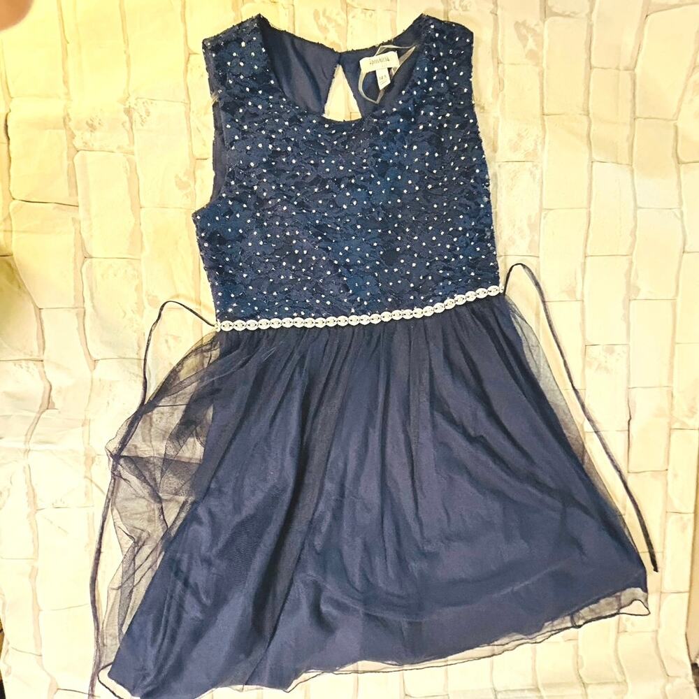 Speechless Girls 14.5 Navy Blue Lace Tulle Party Dress Silver Sparkle Formal